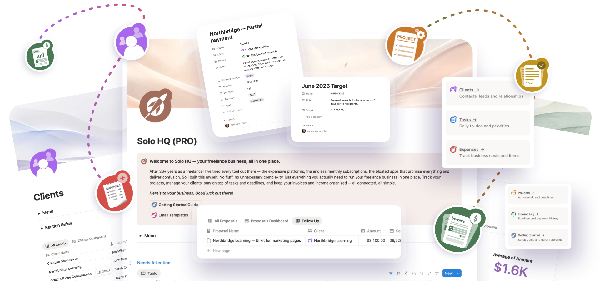 Solo HQ Notion template — home dashboard with clients, projects, tasks, invoices, and income sections