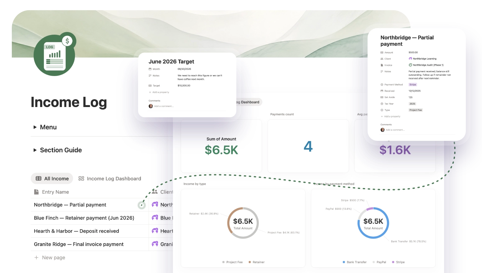 Solo HQ Income Log section showing earnings breakdown by type and tax year