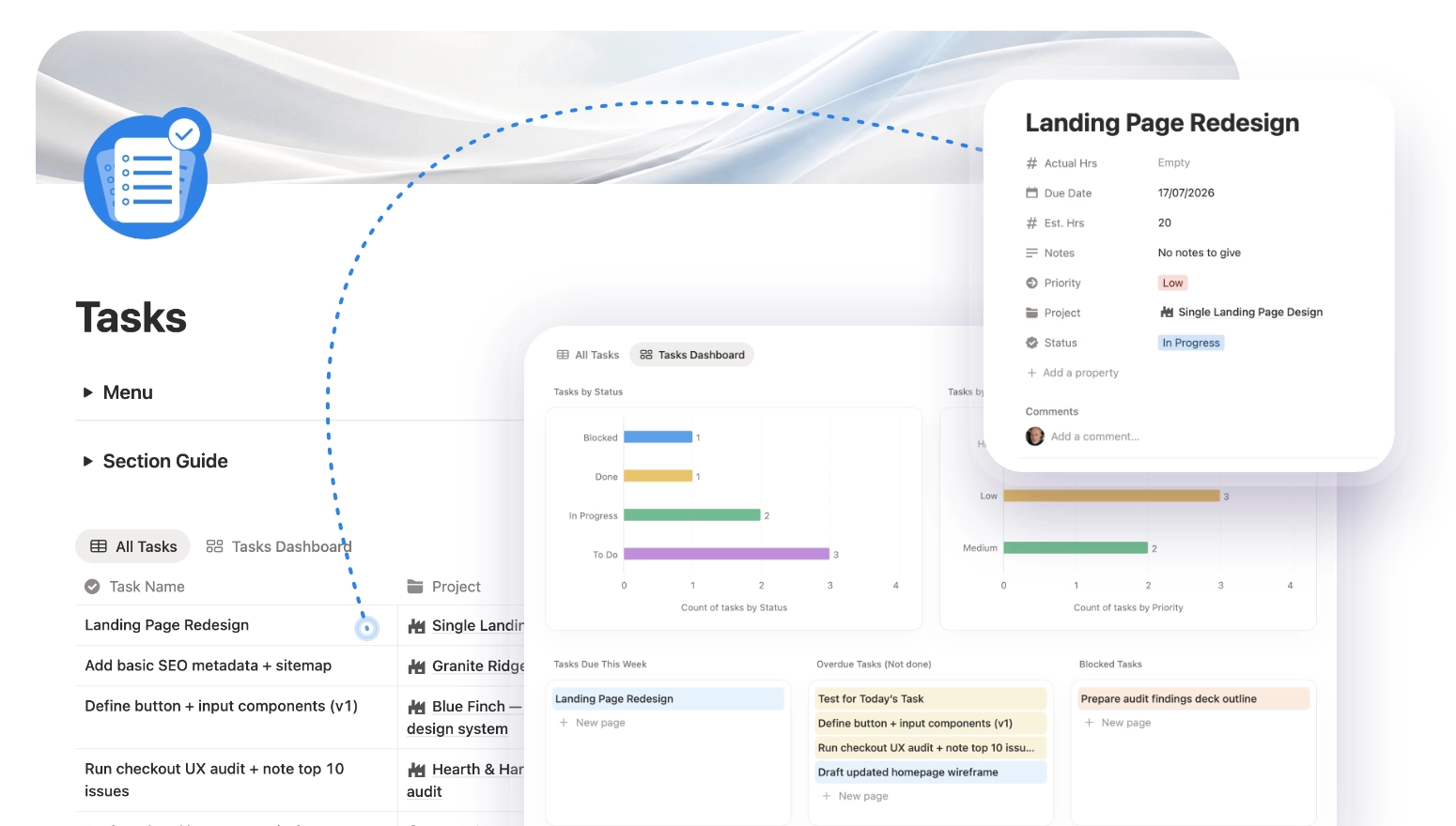 Solo HQ Tasks section showing task list with priority and status